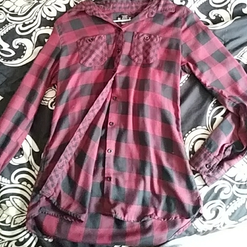 Burgundy and black flannel/button up/blouse